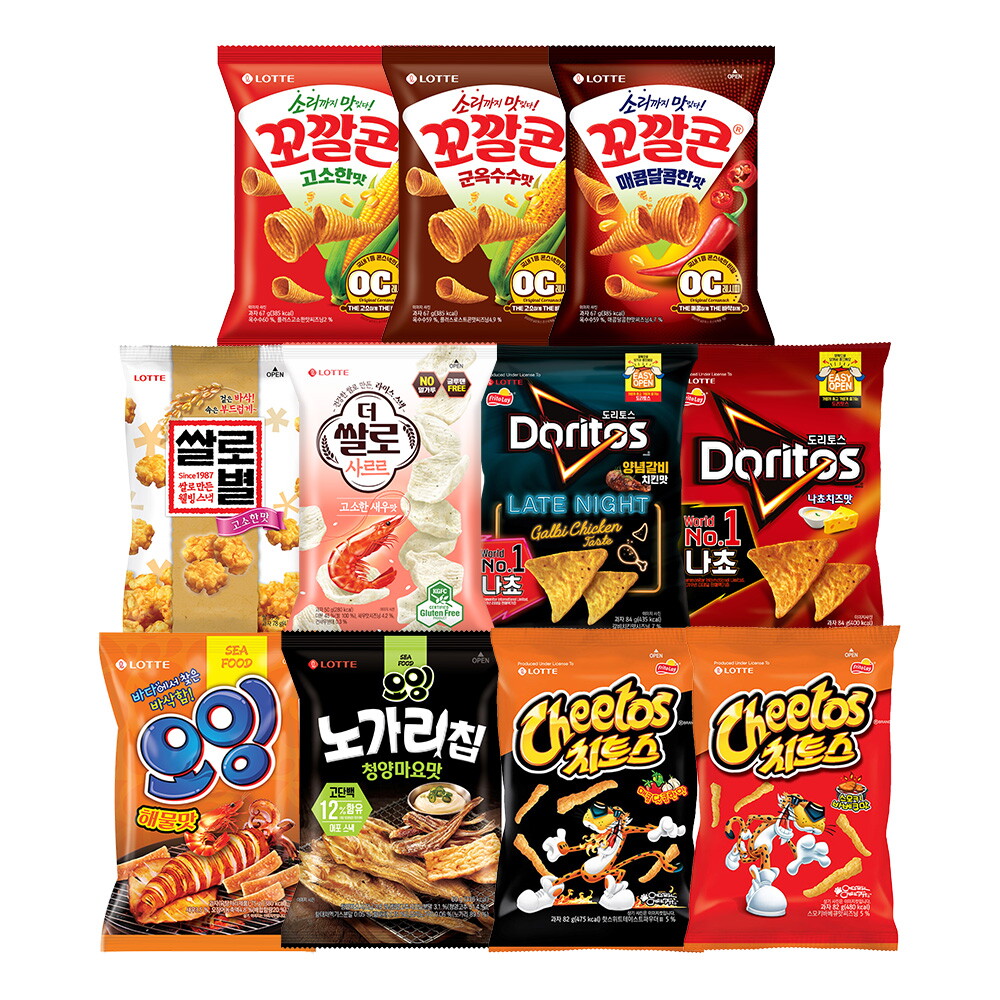롯데제과(주) 롯데웰푸드 봉지스낵 12종 10봉 골라담기 꼬깔콘 치토스 도리토스 쌀로별 더쌀로 오잉 노가리칩 등