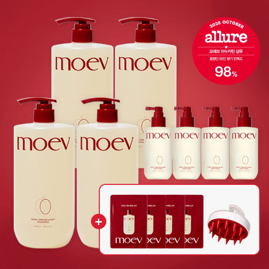 [모에브][매니아 패키지] 모에브 아누카틴 샴푸 특대용량(1,080ml)*4통 + 헤어토닉(150ml)*4개 + 두피 마사지 브러쉬 + [무료체험분]샴푸 파우치(8ml)*4매