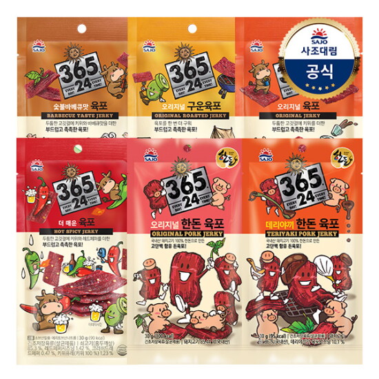 [사조대림][사조대림] 365.24 육포 6종 맛보기 30g x6개 / 종류별 1개씩 (오리지널/숯불바베큐/더매운/구운육포/한돈육포/한돈데리야끼육포)