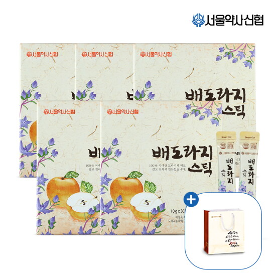 [서울약사신협][국내산 배&도라지] 배도라지 스틱 30포 5세트 /쇼핑백 5장