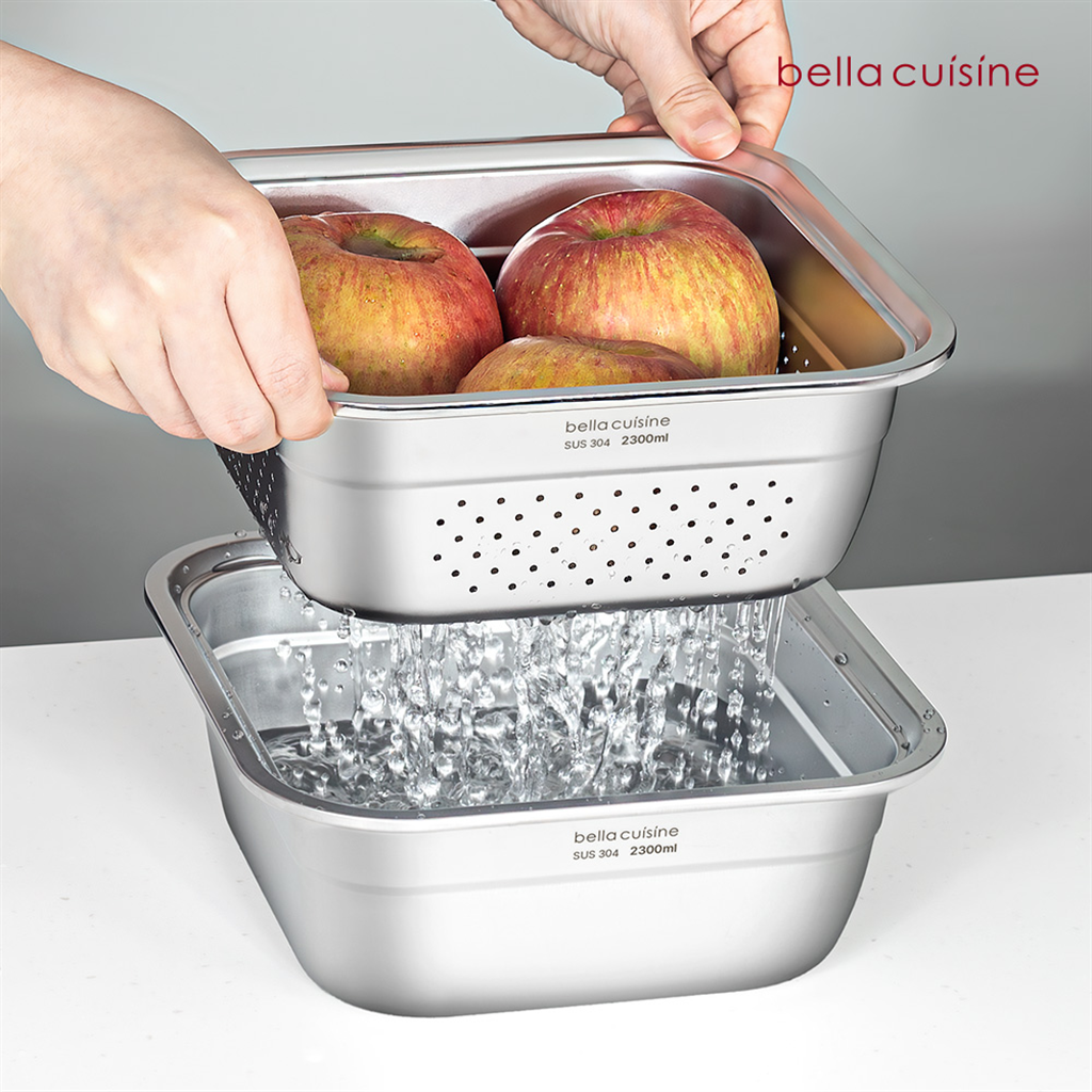 벨라쿠진 무연마제 2.3L 스텐 304 사각 믹싱볼 채반 2종 세트 세척볼 설거지통 밀폐용기