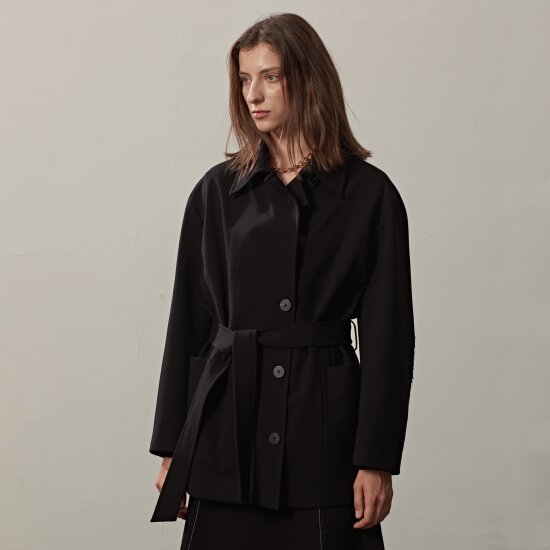 BELTED OVERSIZED HALF COAT JACKET(BLACK)