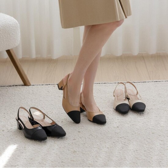 [포멜카멜레]앞코 콤비 슬링백 BEIGE 4cm