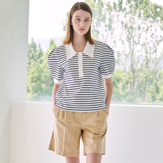 [누브][정상가 59000원][누브] Stripe Puff Collar T-Shirt - Navy