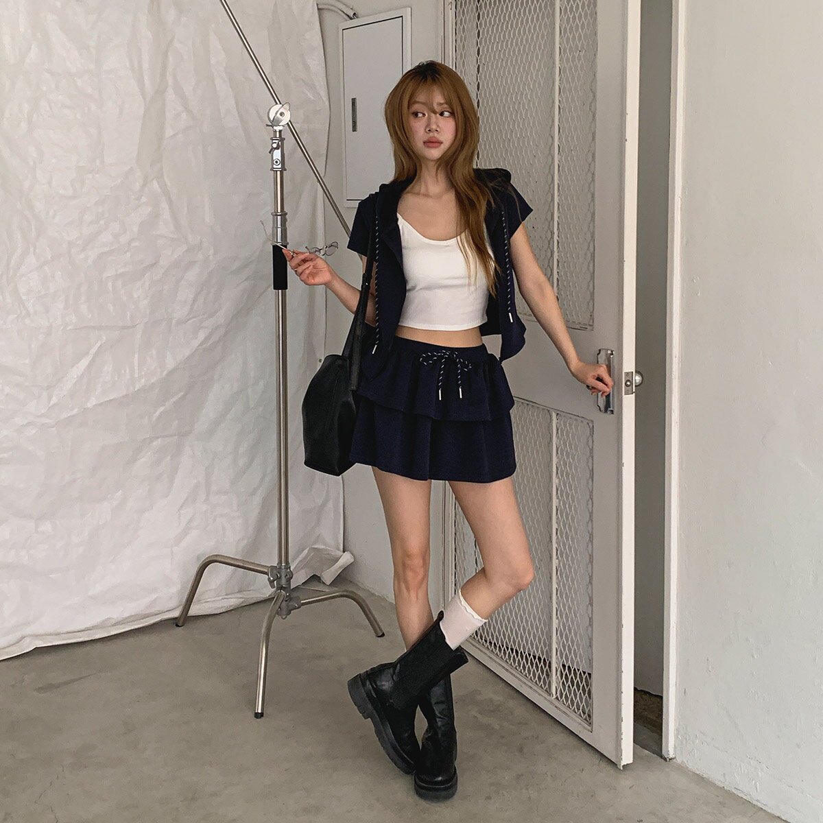 협력업체 기타 [시크블랙]파이로 반팔 후드집업 캉캉 미니스커트 세트
