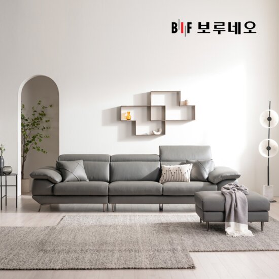 [4인용] 디아모 천연면피 통가죽 소파+스툴+쿠션2+소파테이블