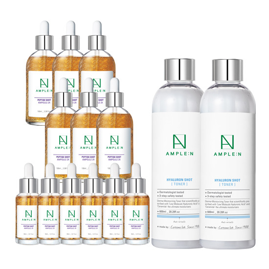 [롯데원티비 단독] 앰플엔 펩타이드샷 앰플 투엑스 완벽더블구성 (앰플 100ml x 6 + 30ml x 6 + 토너 600ml x 2)
