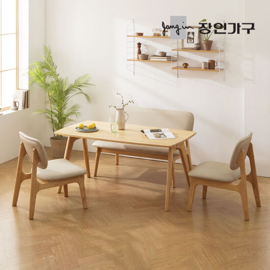 [장인가구](착불) 칸토르 베이직 원목 패밀리 4인 낮은 식탁세트 벤치형