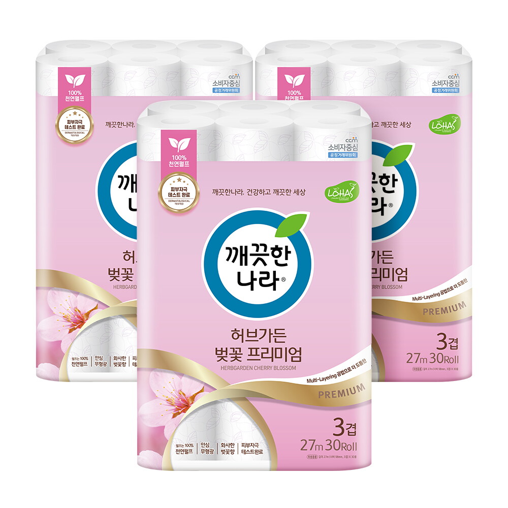 깨끗한나라 주식회사 [무료배송] 허브가든 벚꽃 프리미엄 화장지(3겹) 30롤 x 3팩