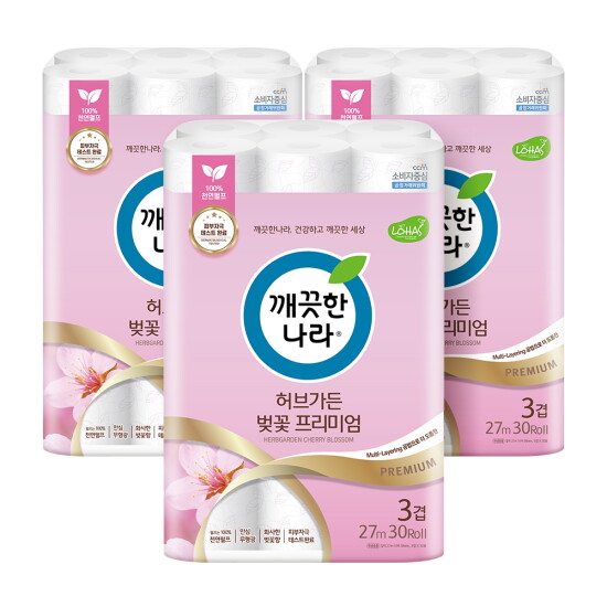 [깨끗한나라][무료배송] 허브가든 벚꽃 프리미엄 화장지(3겹) 30롤 x 3팩