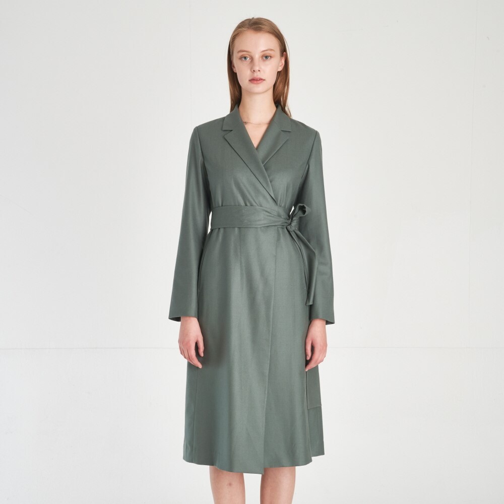 프릭스 바이 김태훈 [프릭스] Minimalist Design Notched Lapel Wool 100% Wrap Dress_Deep-Sea-Green