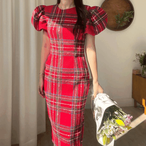 엘린무드 [하프클럽/엘린무드]메이렌 롱 기모 레드 체크  빅 퍼프 원피스 핀턱 반팔 벌룬 h라인 연말 파티 클럽 큐티 원피스