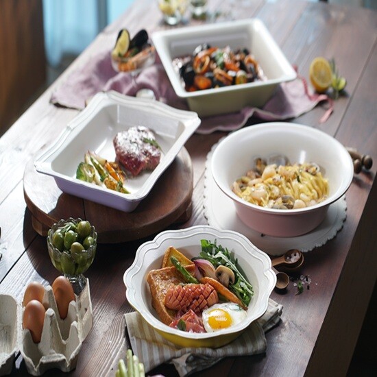 [쿡앤쿡]★단독★ 라비에 플레이팅팬 4종 풀세트 (페탈 라운드(옐로우)+페탈 스퀘어(라벤더)+그랑 라운드(핑크)+그랑 스퀘어(그린))