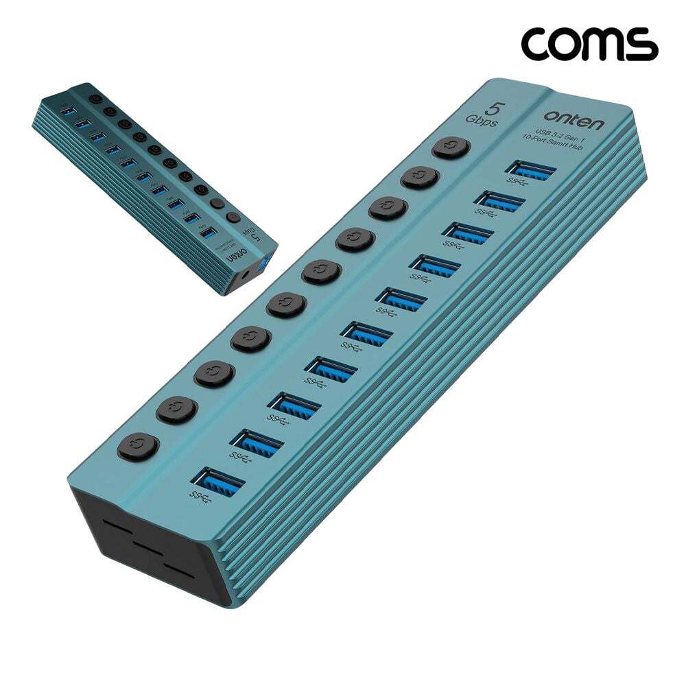 Coms 지오벤처스 USB 3.0 10포트 멀티허브 5Gbps 개별 스위치 12V 전원 USB 3.2 Gen1
