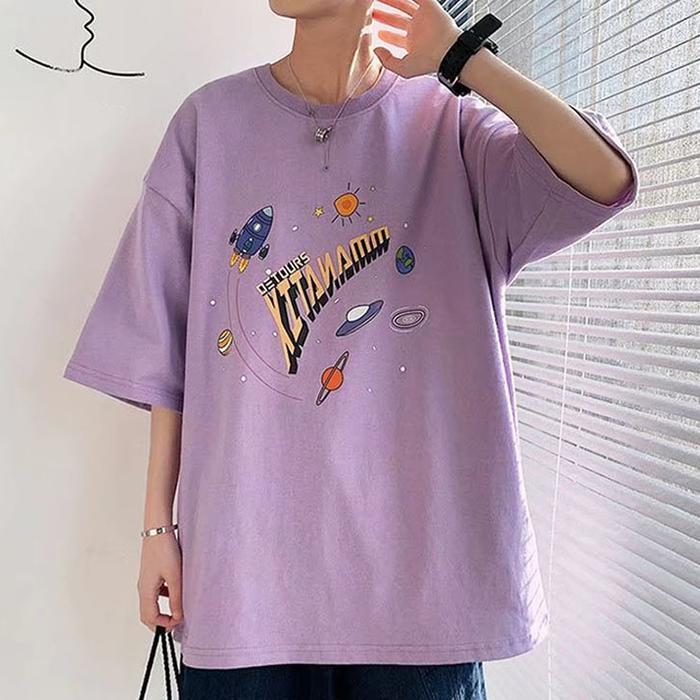 셀러허브 유니섹스 우주디자인 남자 반팔 기본티 퍼플 예쁜 색상 티셔츠
