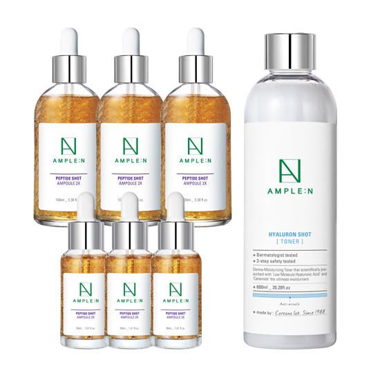 [롯데원티비 단독] 앰플엔 펩타이드샷 앰플 투엑스 슬림구성 (앰플 100ml x 3 + 30ml x 3 + 토너 600ml x 1)