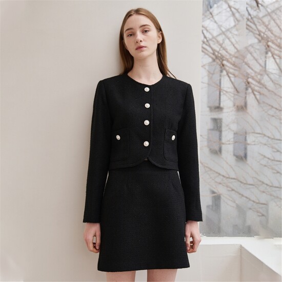 [누브][정상가 302000원][누브] Tweed Pearl Button Jacket Set Up - Black