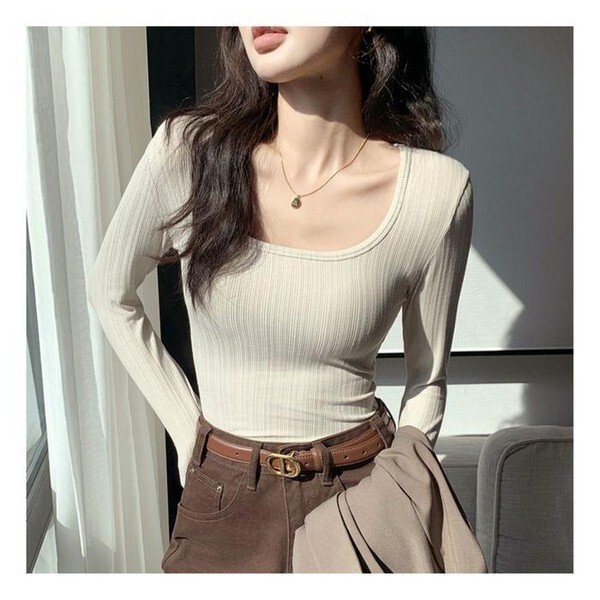 주식회사 셀러허브_레이틀리 셀러허브(하프클럽) [하프클럽/셀러허브_여성트랜드패션]ONM 여리여리 딥 U넥 긴팔 티셔츠 슬림핏 시크 이너 탑