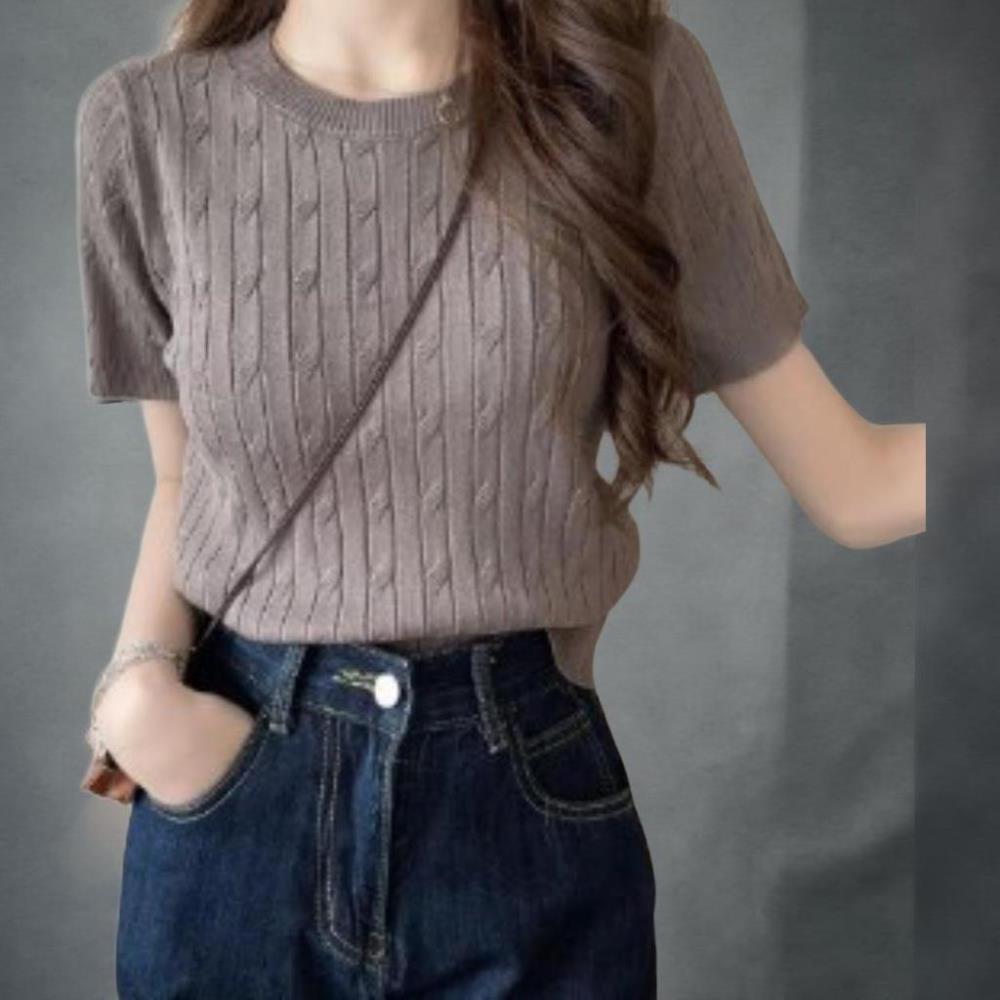 기타 (패플) [미라클세븐]여성 라운드넥 반팔 니트 클래식 케이블 디자인 소프트웨어