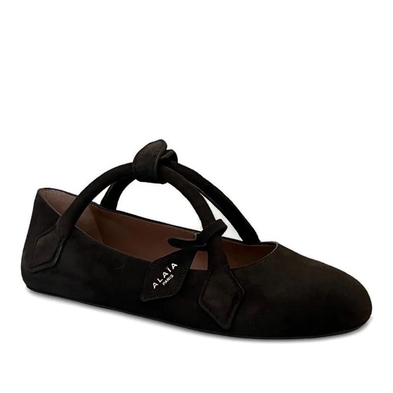 ALAIA 알라이아 알라이아 앵클 스트랩 노트 스웨이드 발레리나 플랫 AA3A1011C0C05 733 BRUN FONCE