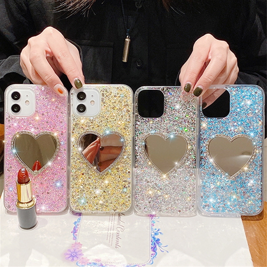 수나르 샤오미미포코M3 X3 미11 미10 T 라이트 프로 5G 럭셔리 글리터 큐빅 하트 미러 케이스