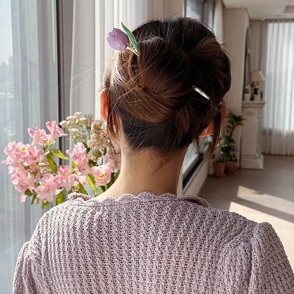 교보문고 아르뉴 튤립 꽃 메탈 올림머리 비녀