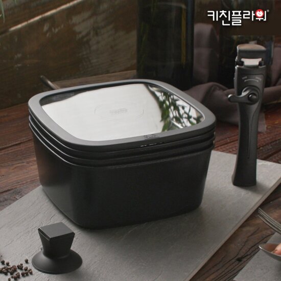 ★6종사각냄비풀세트★키친플라워 IH 사각 냄비세트 (22cm 냄비팬, 22cm 전골팬, 22cm 프라이팬, 멀티 핸들, 유리뚜껑, 실리콘 뚜껑손잡이)