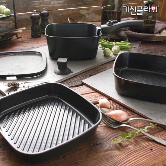 ★6종사각냄비풀세트★키친플라워 IH 사각 냄비세트 (22cm 냄비팬, 22cm 전골팬, 22cm 프라이팬, 멀티 핸들, 유리뚜껑, 실리콘 뚜껑손잡이)