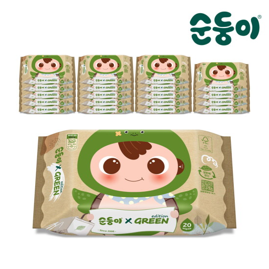 [순둥이][순둥이]Ra-com/생분해물티슈 그린에디션 휴대 리필형 20매 20팩