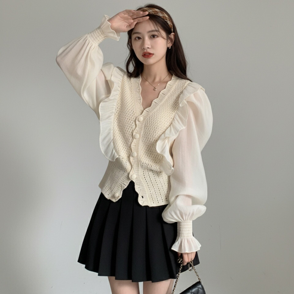 기타 (패플) [골피아]여성 샤랄라 믹스 앤 매치 가디건 프릴 니트 가오리핏 링클 디테일 단추 클로징 아우터