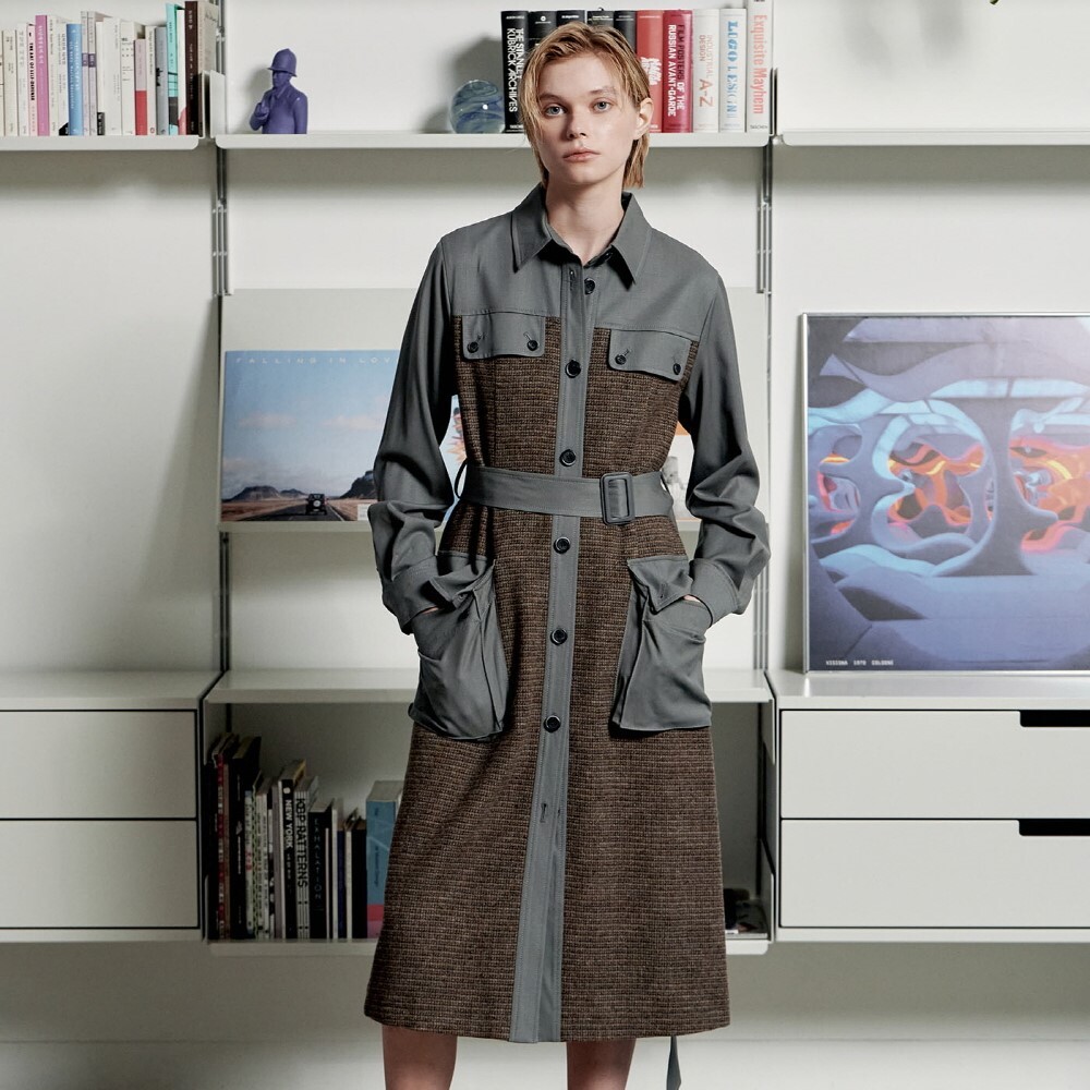 프릭스 바이 김태훈 [프릭스] Pocket Patchwork Belted Wool Tweed Check Shirtdress