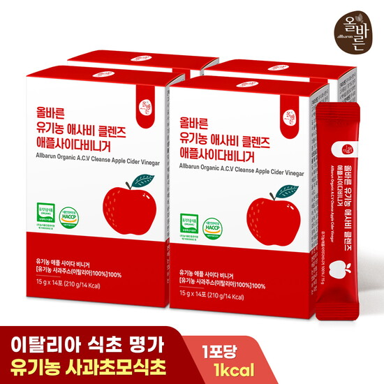 [올바른][4박스] 올바른 유기농 애사비 클렌즈 애플사이다비니거 14포 4박스 (총 56포)