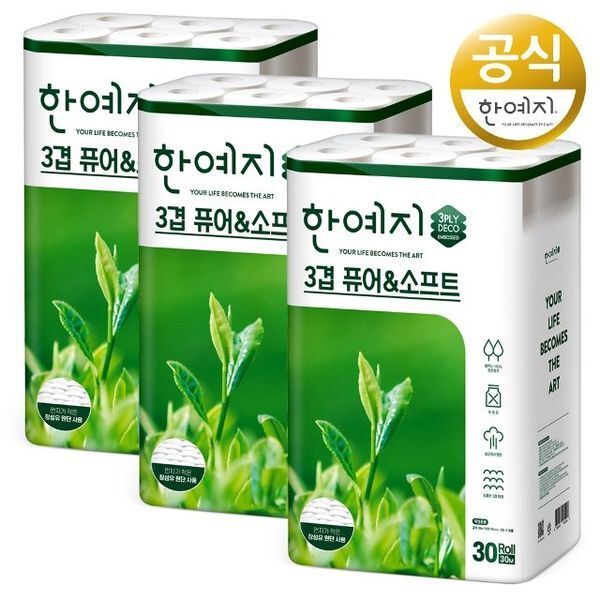 (주)티알엔 기타 [하프클럽/기타]한예지 퓨어앤소프트 3겹 천연펄프  화장지 30m 30롤 3팩