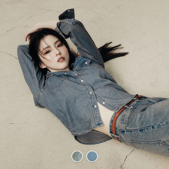 [지오다노]여성 한소희 가을 코튼 면 웨스턴 데님 셔츠 344906