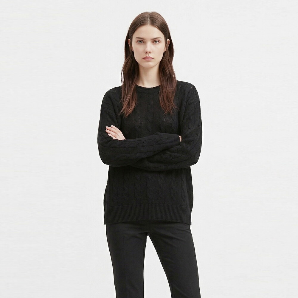 샵앤 샵앤 [샵앤] 국산 여성 라운드 케이블꽈배기 루즈핏 니트 티셔츠 INT-WKN-21170-블랙