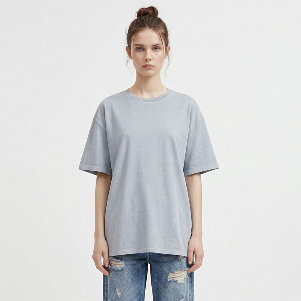샵앤 [샵앤] 여성 라운드 빈티지 피그먼트 여름 루즈핏 반팔 티셔츠 INT-WSH-21172-스카이