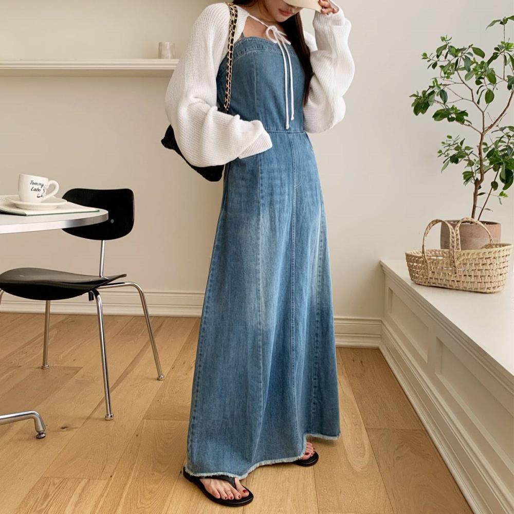 신상오픈런 협력업체 신상-오픈런 런슈어 여성 민소매 썸머 청 워시드 데님 플레어 긴원피스