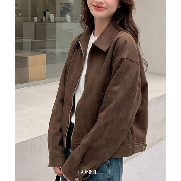 아이리 AILEE 보니제이 [하프클럽/보니제이]보니제이 카라넥 간절기 가벼운 스웨이드 집업 자켓 숏점퍼 아우터 블루종 시크룩 딥브라운