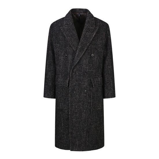 [지이크]F/W 프리미엄 블랙 패턴 해링본 더블 피크드라펠 롱코트 HH7005