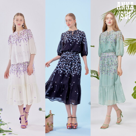[안나수이]안나수이(ANNA SUI) 코튼 플라워 셋업 3종(블라우스+스커트+이너)