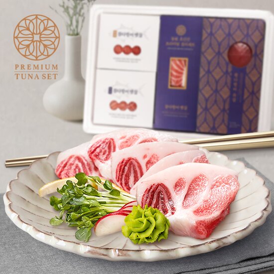 [동원산업] 참치회세트 참다랑어 대뱃살 200g+중뱃살 200g+배꼽살 100g+황다랑어 속살 500g+생와사비 15g+간장소스 20g+해동지 6장