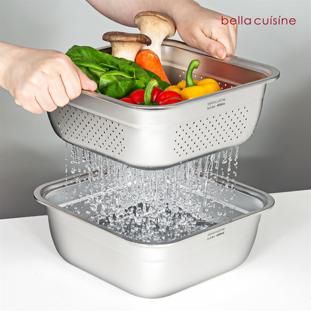 벨라쿠진 무연마제 4L 스텐 304 사각 믹싱볼 채반 2종 세트 세척볼 설거지통 밀폐용기