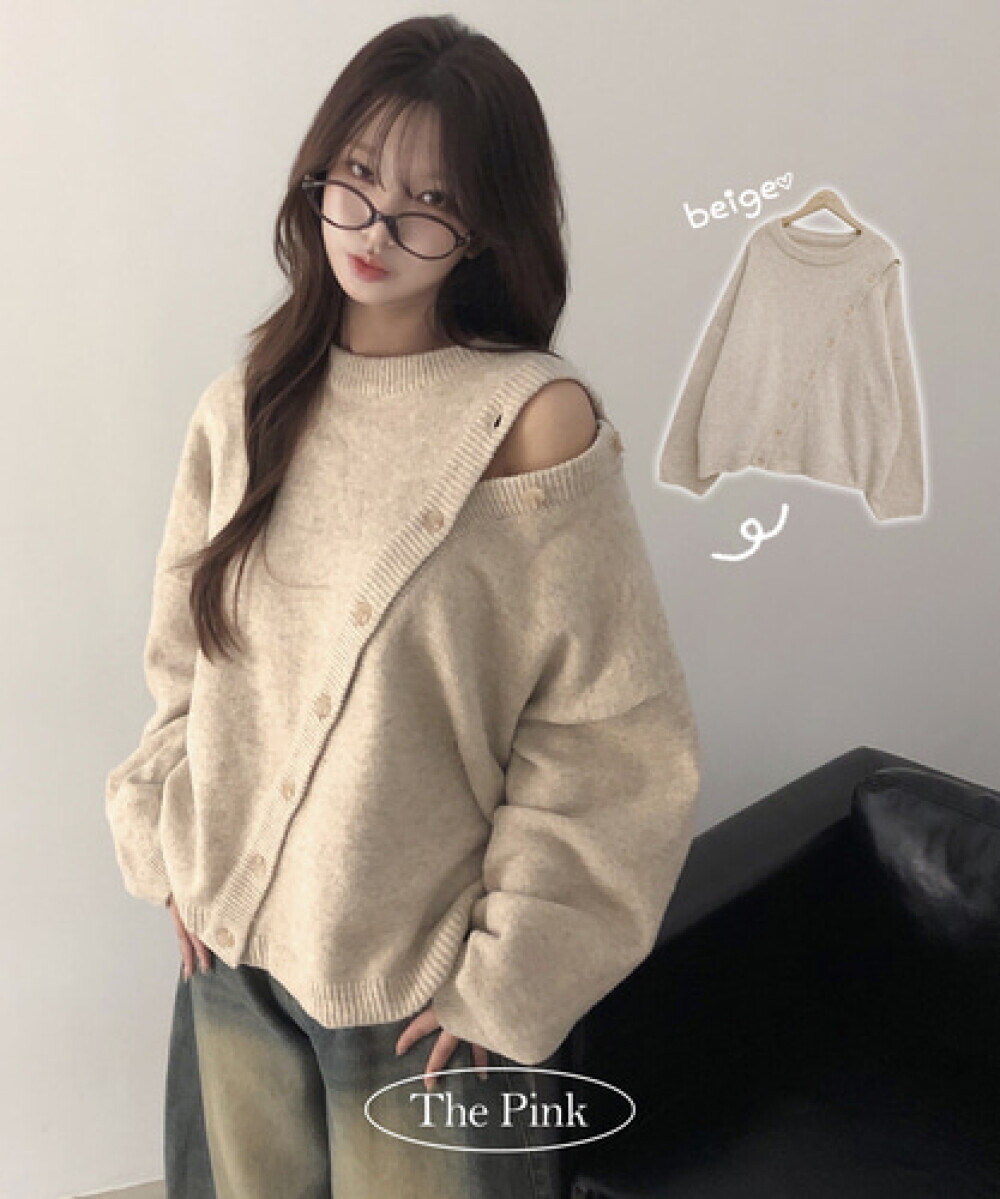 제조자 더핑크 더핑크 / 라튼 루즈핏 사선 버튼 언발 오프숄더 울 니트