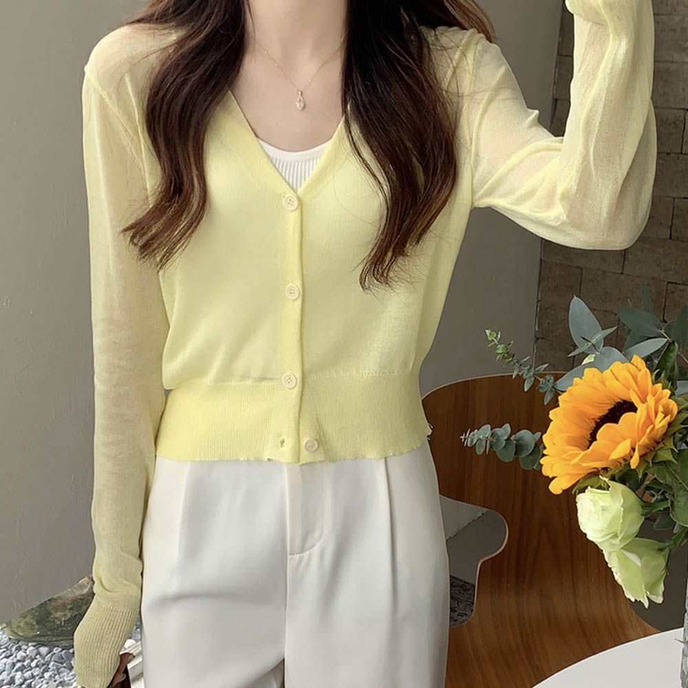 에이치플러스몰 기본적인 단추 가디건 노란색 얇은 긴팔 여행 휴가지