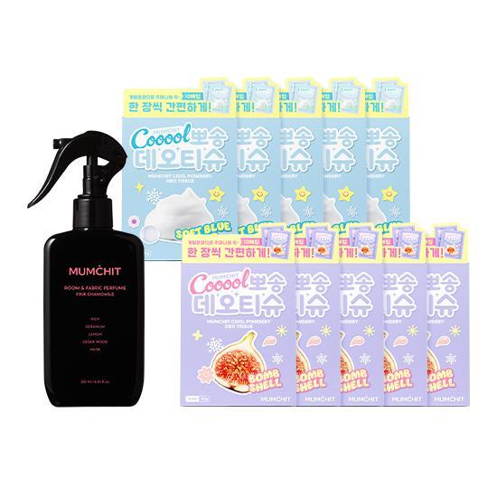 [멈칫]★ [100장/롯데단독구성] 뽀송 데오티슈 소프트블루솝 10매 X 5개 + 밤쉘 10매 X 5개 + [방송에서만] 대용량 섬유향수 핑크카모마일 250ml