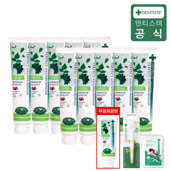 ★딱한번★[풀패키지] 플러스화이트 후레쉬 치약 풀세트 200g(10개)+무료체험 60g(1개)+멀티혀클리너+스틱형치실(40p)