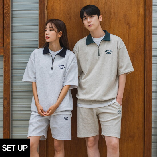 [앨빈클로][SET] FELICITY 반집업 배색 카라 반팔맨투맨 / 밴딩 반바지 셋업