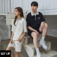 [앨빈클로][SET] FELICITY 반집업 배색 카라 반팔맨투맨 / 밴딩 반바지 셋업
