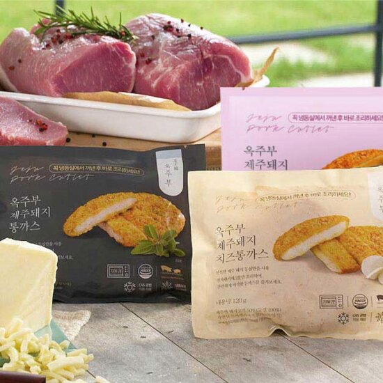 [옥주부] 제주 돼지 통까스 6팩+치즈 통까스 3팩+고구마 통까스 3팩 총 12팩(감귤브라운소스6팩+토마토레드소스3팩+참깨화이트소스 3팩)+돈까스거치대1개