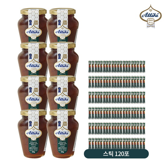 ATTIKI Bee Culturing Co. [더블] 아티키 그릭 다크 브라운 포레스트 허니 8병+ 스틱120개(250g*8병+8g*30개*4박스, 총 2,960g)